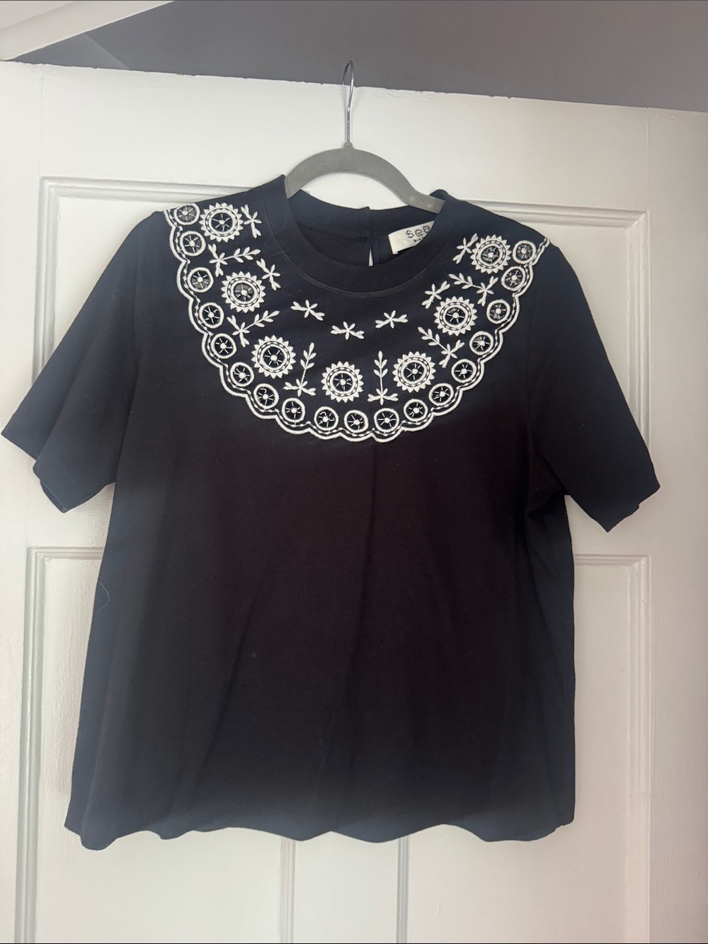Sea New York Black Short-Sleeve Top with White Embroidered Bib